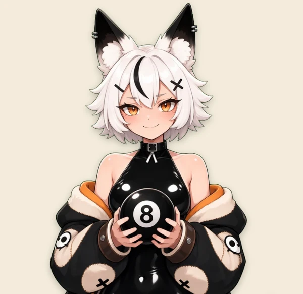 Nines holding a Magic 8 Ball