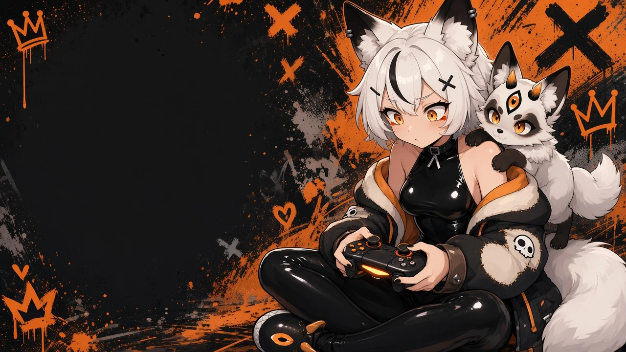 Kitsura Nines playing a game with Roger on her shoulder